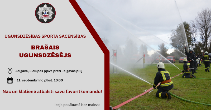 Attēla labajā pusē redzami ugunsdzēšēji glābēji, kuri šļāc ūdeni no šļūtenēm. Kreisajā pusē ir norādīta informācija par pasākuma laiku un vietu.
