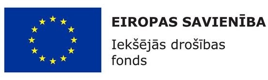 Kreisajā malā Eiropas Savienības karogs - zils taisnstūris, kuram pa vidu apļa formā izkārtotas divpadsmit dzeltenas zvaigznes. Labajā malā teksts: Eiropas Savienība, Iekšējās drošības fonds