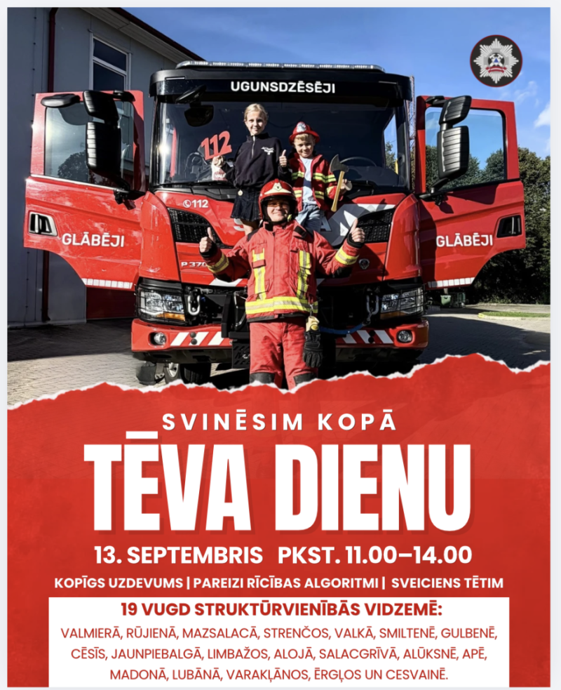 Augšējā daļā redzama ugunsdzēsēju/glābēju cisterna, ar atvērtām durvīm, tai priekšā ir ugunsdzēsējs glābējs aizsargtērpā kopā ar meitu un dēlu. Apakšējā daļā ir informācija par VUGD pasākumu "Tēva diena".