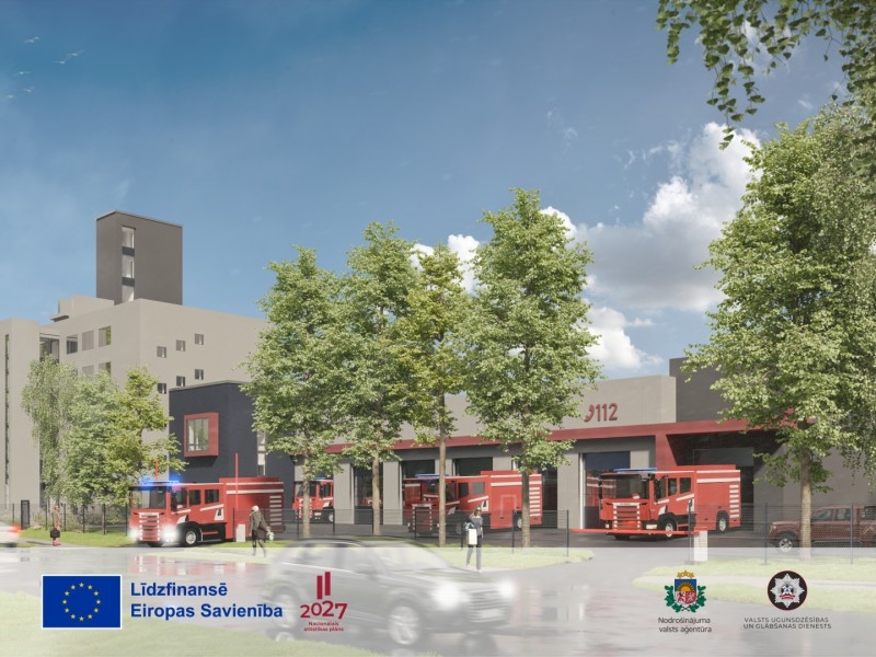 Ugunsdzēsības, loģistikas un remonta bāzes kompleksa būvniecības modelis. Apakšpusē ES, VUGD, Nodoršinājuma valsts aģentūraslogo