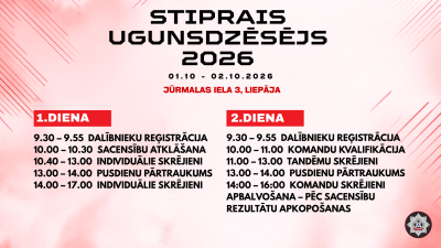 Augšpusē uzraksts "Stiprais ugunsdzēsējs 2026". Zem tā norises laiks, diena, vieta un saraksts ar aktivitātēm, kas notiks pirmajā un otrajā dienā.