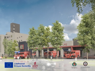 Ugunsdzēsības, loģistikas un remonta bāzes kompleksa būvniecības modelis. Apakšpusē ES, VUGD, Nodoršinājuma valsts aģentūraslogo
