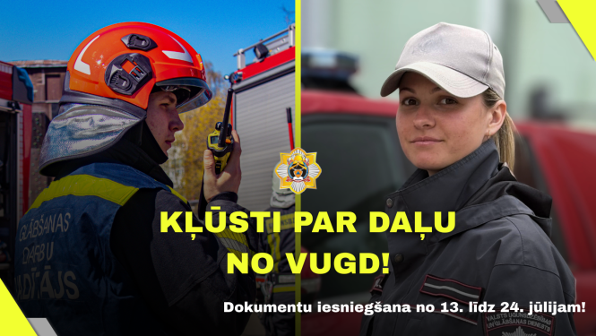 Uzraksts "Kļūsti par daļu no VUGD! Dokumentu iesniegšana no 13.-24. jūlijam". Fonā divi koledžas kadeti formastērpos.