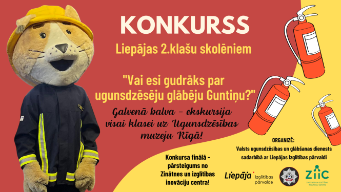 Kreisajā malā ugunsdzēsēja glābēja tērpā stāv lūsītis Guntiņš. Labajā malā īsa informācija par izsludināto konkursu