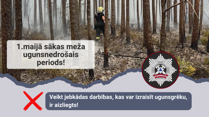 Kreisajā malā caurspīdīgi baltā taisnstūrī teksts: 1.maijā sākas meža ugunsnedrošais periods! Aiz teksta attēlā redzams ugunsdzēsējs glābējs izdegušā mežā. Zem attēla pie sarkanas svītrojuma zīmes teksts: Veikt jebkādas darbības, kas var izraisīt ugunsgrēku, ir aizliegts!