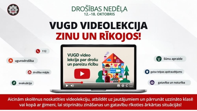 Centrā atvērts kēpjdators. Ap to izkārtoti tēmu nosaukumi, kas tiek apskatīti videolekcijā. Virs klēpjdatora nosaukums "Drošības nedēļa. VUGD videolekcija "Zinu un rīkojos!"" 