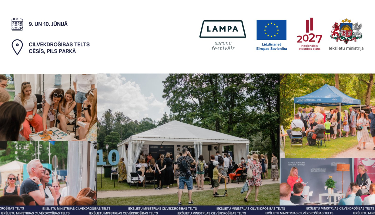 Sarunu festivāla LAMPA plakāts ar informāciju par norises vietu un laiku, kā arī foto atskatiem uz iepriekšējiem festivāliem