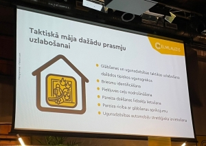 Uz ekrāna balts prezentācijas slaids ar informāciju par Taktiskās mājas sniegtajām iespējām prasmju uzlabošanai.