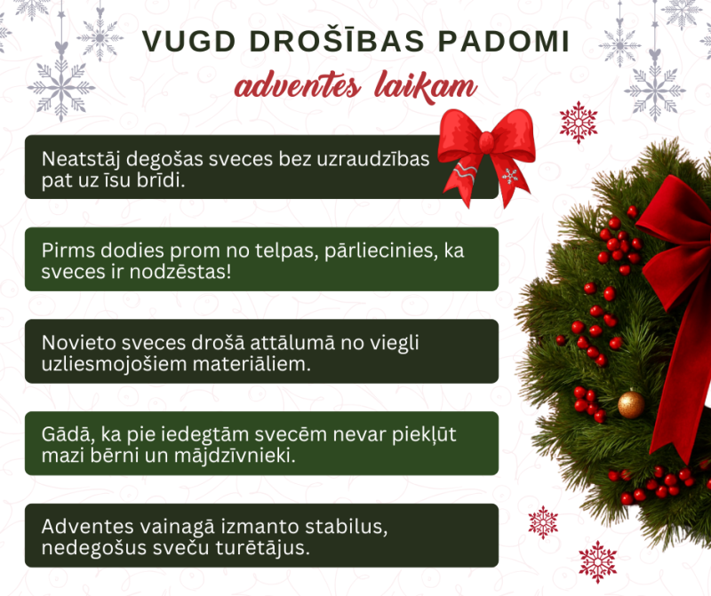 Augšā teksts - VUGD drošības padomi adventes laikā. Labajā malā zaļš adventes vainags ar sarkaniem dekoriem - lentēm, odziņām. Kreisajā malā uz tumši zaļiem un gaiši zaļiem taisnstūriem izvietots teksts ar drošības padomiem adventes laikā.