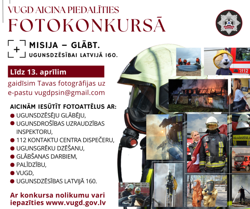 Kreisajā malā īsa un konkrēta informācija par fotokonkursu, bet labajā malā fotogrāfiju kolāža, kurās redzami ugunsdzēsēji glābēji, dispečere, dažādi glābšanas darbi un tamlīdzīgi