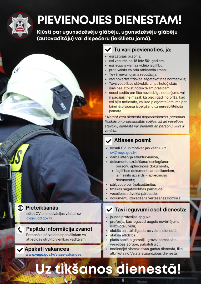 Fonā ugunsdzēsējs glābējs tērpies aizsargtērpā. Augšā teksts - Pievienojies dienestam! Priekšplānā svarīgākā informācija. Apakšā teksts - uz tikšanos dienestā!