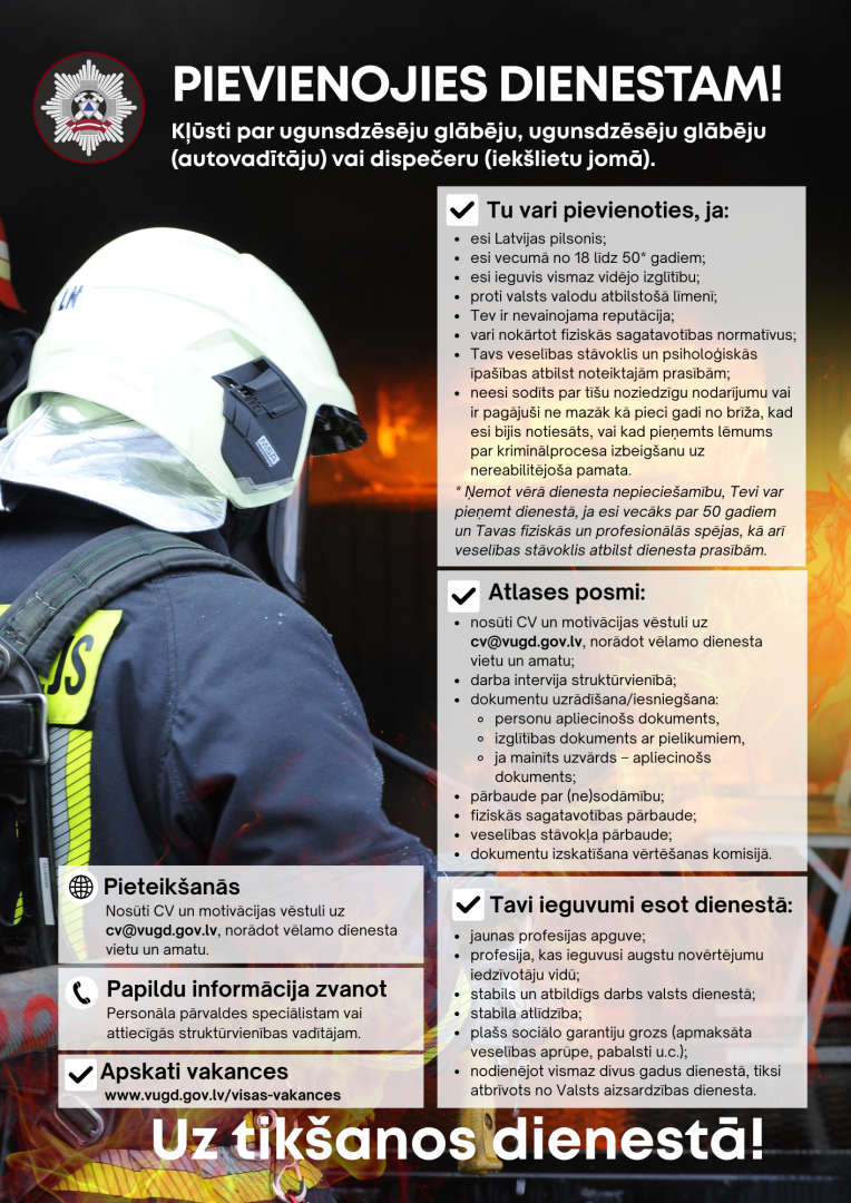 Fonā ugunsdzēsējs glābējs tērpies aizsargtērpā. Augšā teksts - Pievienojies dienestam! Priekšplānā svarīgākā informācija. Apakšā teksts - uz tikšanos dienestā!