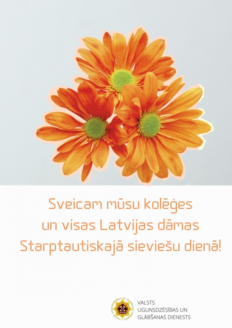 Trīs oranži ziedi zem kuriem teksts: Sveicam mūsu kolēģes un visas Latvijas dāmas Starptautiskajā sieviešu dienā!