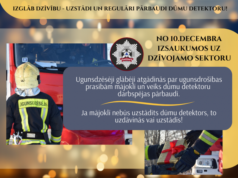 Kampaņas apraksts, kuram pievienotas divi mazi attēlu fragmenti. Viens atrodas materiāla kreisajā malā. Tajā ugunsdzēsējs glābējs pret fotogrāfu stāv ar muguru un skatās uz autocisternu. Labajā malā apakšā ugunsdzēsējs glābējs sniedz dāvanu - dūmu detektoru.