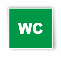 Zaļa norādes zīme ar uzrakstu "wc"