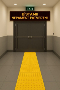 Ēkas iekštelpa, izejas durvis ar norādēm "Bīstami! Nepamests patvertni!"