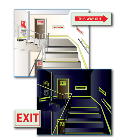 Divi attēli, kuros norādīts, kā jāizskatās avārijas apgaismojumam un marķējumam