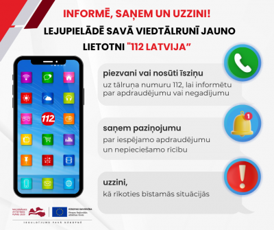 Kreisajā malā telefons ar dažādām ikonām. Labajā malā tekstuāls priekšrocību uzskaitījums. Katrai priekšrocībai klāt vizuāla ikona - uz zaļa fona balta tālruņa klausulīte, uz zila fona dzeltens zvans, uz sarkana fona balta izsaukuma zīme