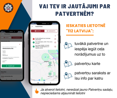 Kreisajā malā divi mobilie tālruņi, kuriem uz ekrāniem redzama informācija par patvertnēm. Labajā malā īsa informācija par jaunās funkcionalitātes priekšrocībām