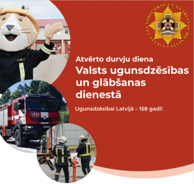 Kreisajā malā trīs apļos trīs dažādi attēli. Pirmajā ugunsdzēsējs glābējs Guntiņš, otrajā ugunsdzēsēju glābēju autocisterna, bet trešajā divi ugunsdzēsēji glābēji pie hidranta. Labajā malā uz sarkana fona baltiem burtiem uzraksts "Atvērto durvju diena Valsts ugunsdzēsības un glābšanas dienestā. Ugunsdzēsībai Latvijā 158 gadi!"