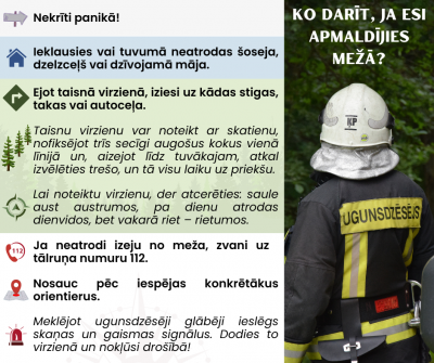 Labajā malā ugunsdzēsējs glābējs skatās zaļu koku virzienā. Uz attēla teksts ar baltiem burtiem: Kā rīkoties, ja esi apmaldījies mežā? Kreisajā malā uzrakstīti ieteikumi, kā rīkoties.