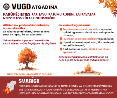 Infografika ar rudens lapām un koku, kura lapas nokārojušās rudens krāsās. Klāt teksts: VUGD atgādina - parūpējieties par savu īpašumu rudenī, lai pavasarī neizceltos kūlas ugunsgrēks. Attīriet sev piederošās teritorijas no sausās zāles. Ieteikumi ugunskura kurināšanai un cita noderīga informācija.