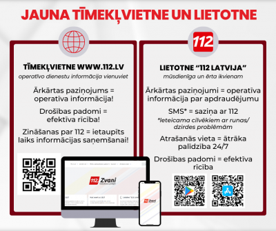 Vizualizēts apraksts par jauno tīmekļvietni www.112.lv un lietotni "112 Latvija" uz pelēka fona