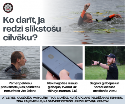 Augšpusē labajā malā ūdenī esošs cilvēks tur uz augšu paceltas rokas. Apakšpusē trīs fotogrāfijas - pirmajā redzams ūdenī esošs cilvēks, otrajā telefons, ko cilvēks tur rokās, bet trešajā cilvēks, kas ar vienu roku rāda virzienu. Zem attēliem teksts ar pareizas rīcības algoritmu gadījumos, kad redz slīkstošu cilvēku.