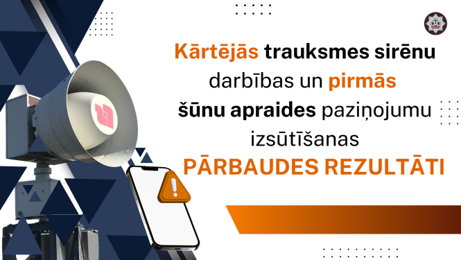 Kreisajā malā balta trauksmes sirēna kam apkārt izvietoti zilti trijstūri. Blakus teksts: Kārtējās trauksmes sirēnu pārbaudes darbības un pirmās šūnu apraides paziņojumu izsūtīšanas pārbaudes rezultāti