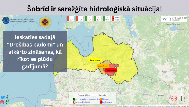 Vizuāls materiāls, kurā redzama Latvijas karte, kas iekrāsota šobrīd spēkā esošo brīdinājumu krāsās - dzeltenā, oranžā un sarkanā. Kreisajā pusē lasāms teksts: Ieskaties sadaļā "Drošības padomi" un atkārto zināšanas - Kā rīkoties plūdu gadījumā?