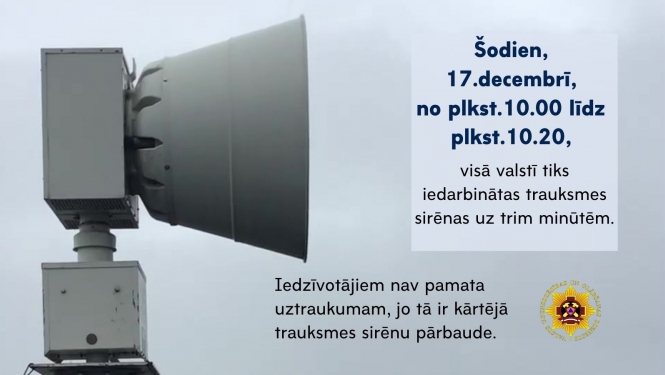 Kreisajā malā balta trauksmes sirēna. Labajā pusē informācija par gaidāmo trauksmes sirēnu pārbaudi.
