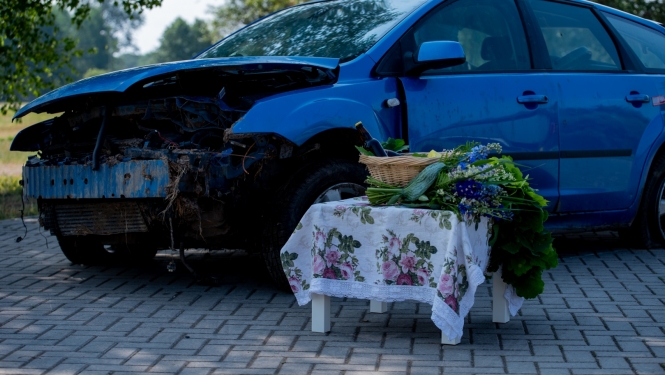 Stāv zila, sasista automašīna. Tai priekšā uz balta galdiņa, kas pārklāts ar raibu galdautu, uzliktas jāņuzāles un grozs ar alkoholu, kā arī svētku gardumiem