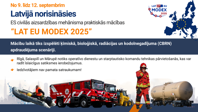 Informatīvs plakāts ar būtiskāko tekstu par mācībām. Apakšējā daļā laiva ar cilvēku oranžā vestē, divas sarkanas autocisternas, ugunsdzēsējs glābējs un dzeltena autocisterna.