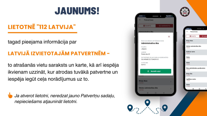 izuālis, kam kreisajā malā teksts par lietotnes "112 Latvija" jauno patvertņu funkcionalitāti, bet labajā malā divi mobilie tālruņi, kuru ekrānos redzama informācija par patvertnēm