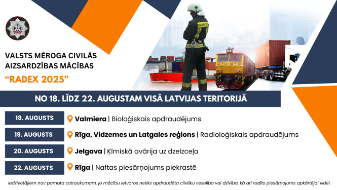 Tekts ar būtiskāko informāciju par gaidāmajām mācībām. Augšpusē attēls, kurā no mugurpuses redzams ugunsdzēsējs glābējs, kam fonā izvietoti dažādi transportlīdzekļi.