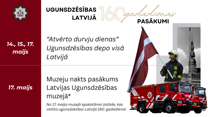 Informatīvs materiāls ar informāciju par Ugunsdzēsībai Latvijā 160. gadadienai veltītajiem pasākumiem. Labajā malā ugunsdzēsējs glābējs rokā tur Latvijas karogu, divas ugunsdzēsēju glābēju autocisternas un vēsturiska fotogrāfija ar torni