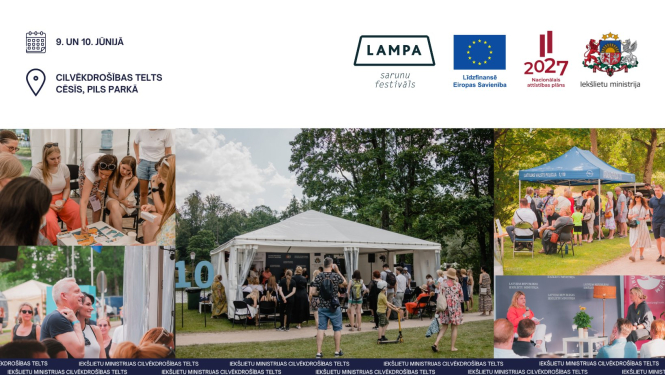 Sarunu festivāla LAMPA plakāts ar informāciju par norises vietu un laiku, kā arī foto atskatiem uz iepriekšējiem festivāliem