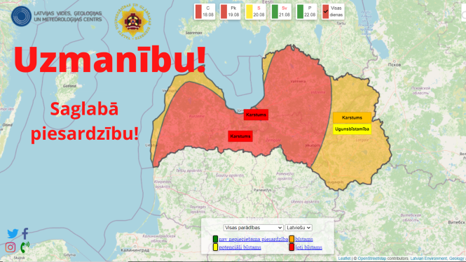 Latvijas karte, kura lielākoties iekrāsota sarkanā krāsā brīdinot par paaugstinātu karstumu, ugunsbīstamību.
