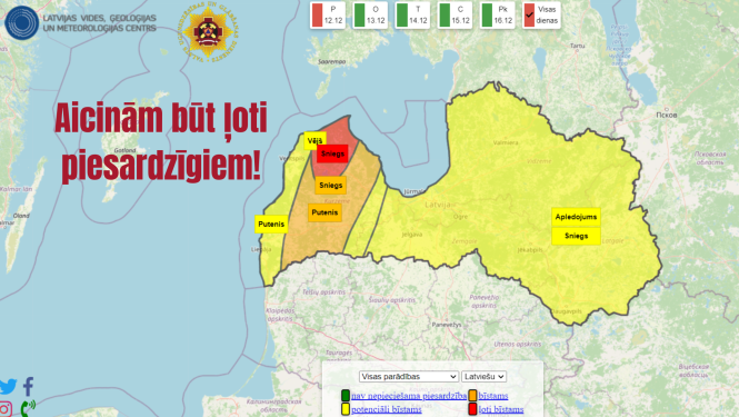 Latvijas karte, kurā ar dzeltenas, oranžas un sarkanas krāsas palīdzību uzrādītas teritorijas, kurās gaidāma spēcīga snigšana