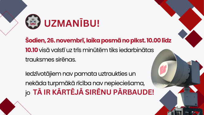 Informatīvs plakāts ar atgādinājumu, ka šodien, 26.novembrī, tiks veikta trauksmes sirēnu pārbaude.