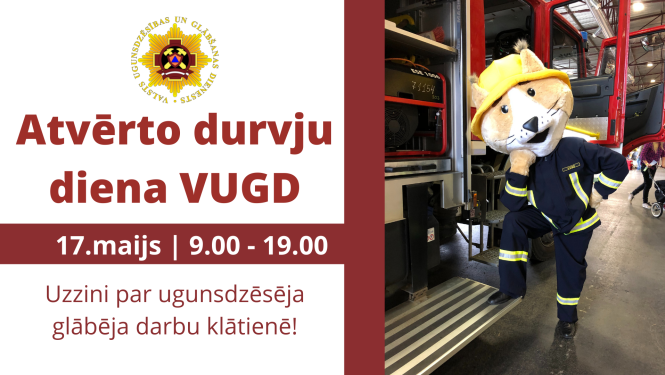 Ilustratīvs attēls par VUGD atvērto durvju dienu. Kreisajā malā teksts "Atvērto durvju diena VUGD. 17.maijs, 9.00 - 19.00, Uzzini par ugunsdzēsēja glābēja darbu klātienē!""