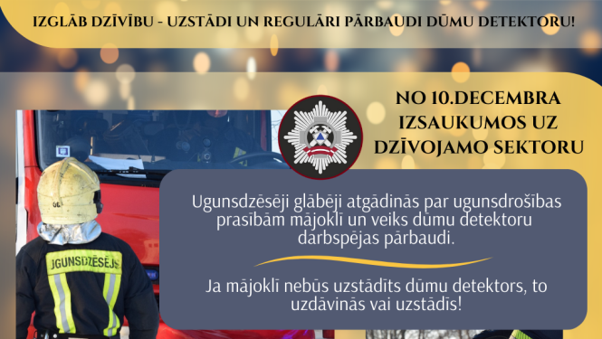Kampaņas apraksts, kuram pievienotas divi mazi attēlu fragmenti. Viens atrodas materiāla kreisajā malā. Tajā ugunsdzēsējs glābējs pret fotogrāfu stāv ar muguru un skatās uz autocisternu. Labajā malā apakšā ugunsdzēsējs glābējs sniedz dāvanu - dūmu detektoru.