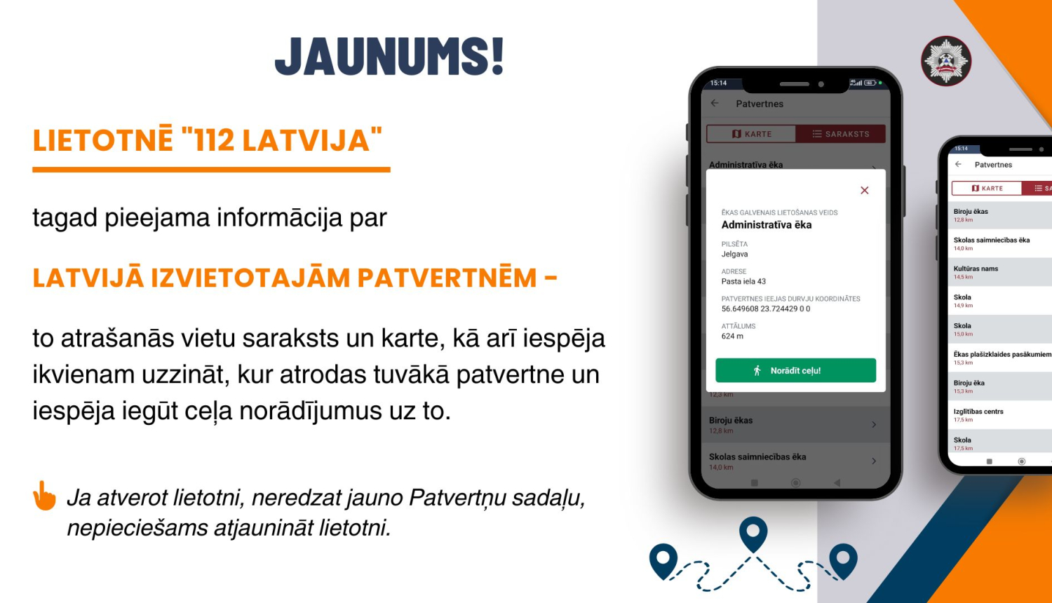 izuālis, kam kreisajā malā teksts par lietotnes "112 Latvija" jauno patvertņu funkcionalitāti, bet labajā malā divi mobilie tālruņi, kuru ekrānos redzama informācija par patvertnēm