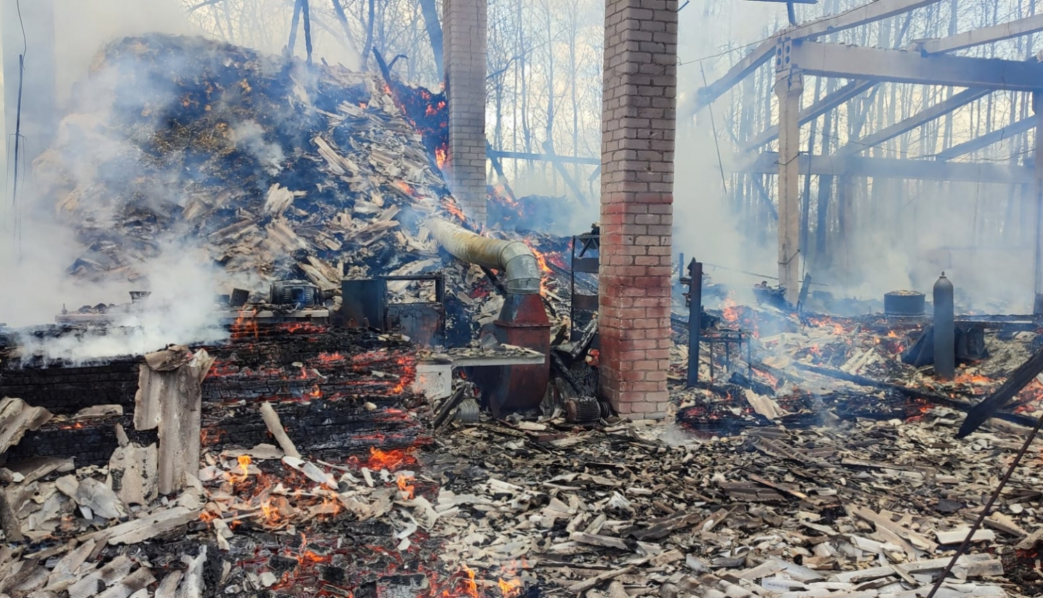 Degoša un gruzdoša telpa - palikušas ķieģeļu un metāla konstrukcijas. Fonā redzamas zilas debesis un koki