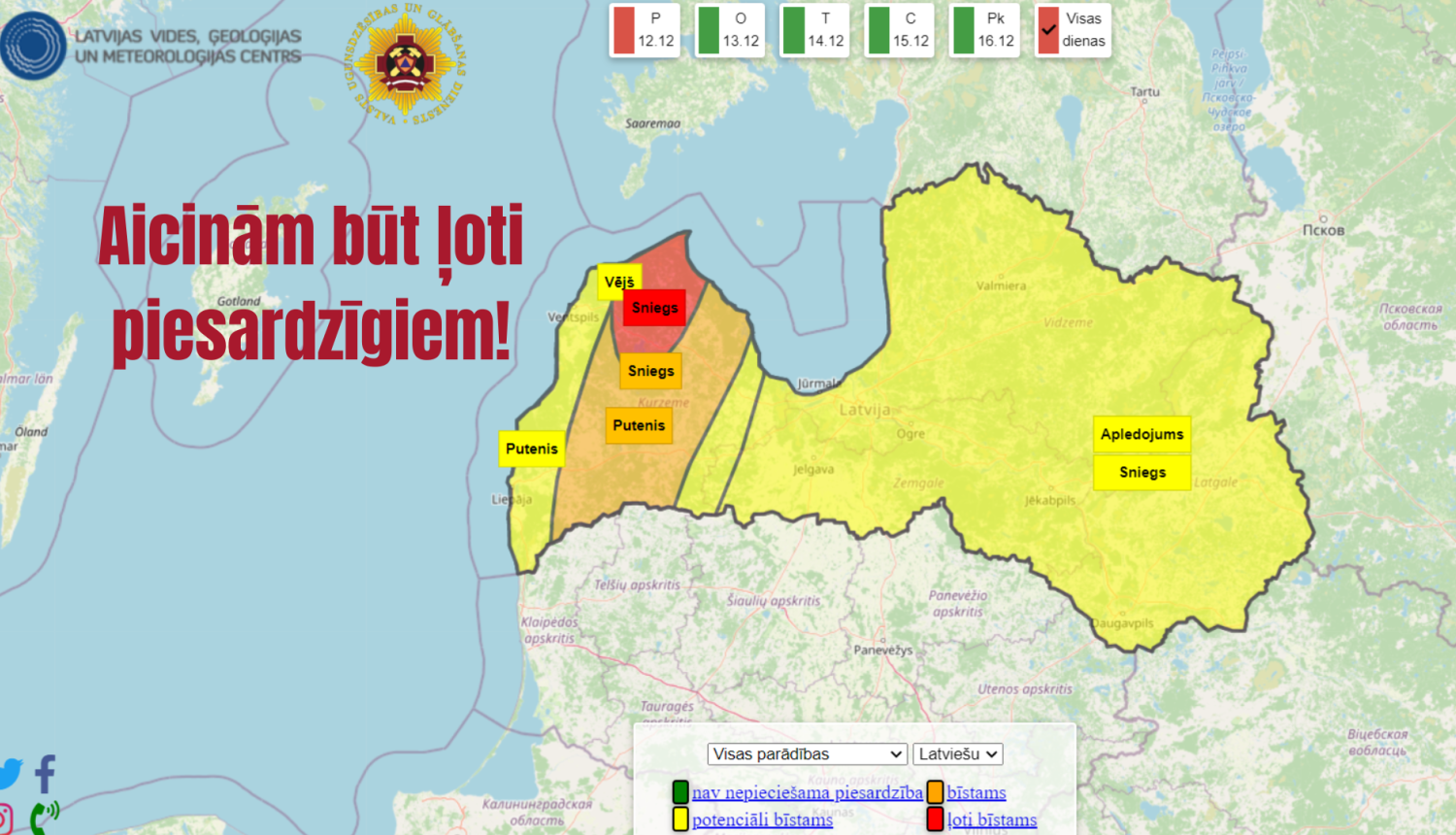 Latvijas karte, kurā ar dzeltenas, oranžas un sarkanas krāsas palīdzību uzrādītas teritorijas, kurās gaidāma spēcīga snigšana