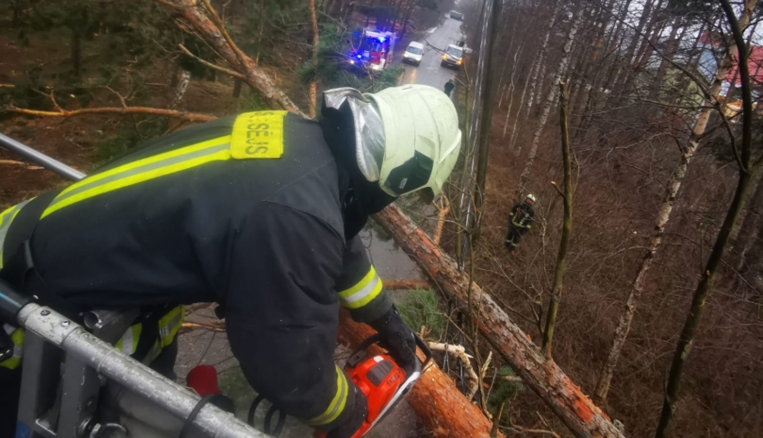 Ugunsdzēsējs glābējs, atrodoties uz autokāpnēm virs ceļa, zāģē koka stumbru.