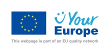 Portāla "Your Europe" logo. Kreisajā malā redzams Eiropas Savienības zilais karogs ar dzeltenajām zvaigznītēm. Labajā malā redzams uzzīmēts smaidiņš un klāt pievienoti vārdi You Europe. Apakšā visā logo garumā ir teksts - This webpage is part of an EU quality network