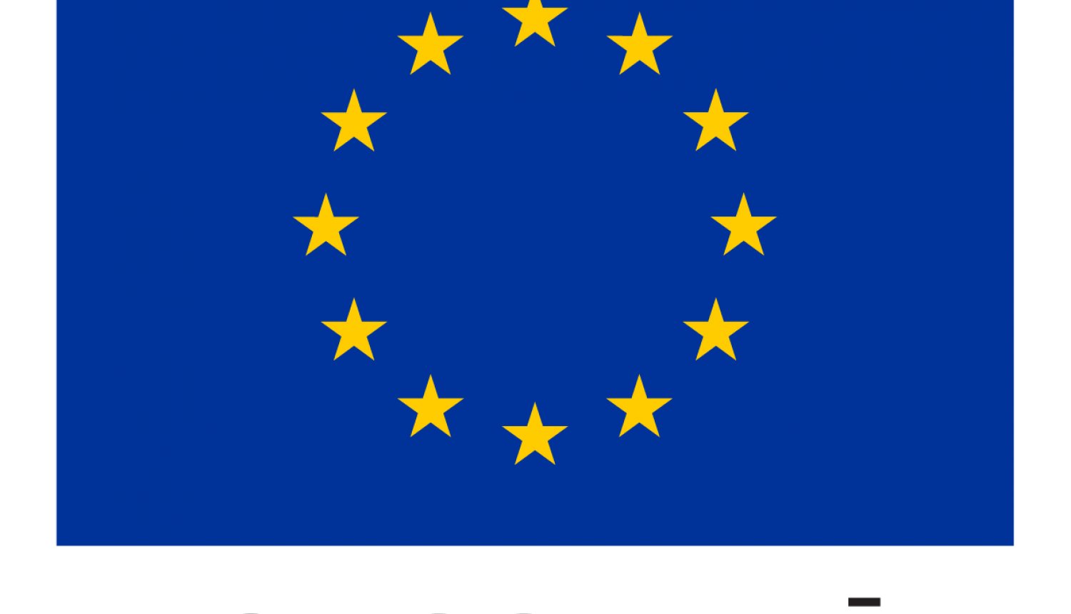 Eiropas Savienības karogs - zils taisnstūris uz kura aplī izvietotas divpadsmit dzeltenas zvaigznes. Zem karoga teksts - Eiropas Savienība