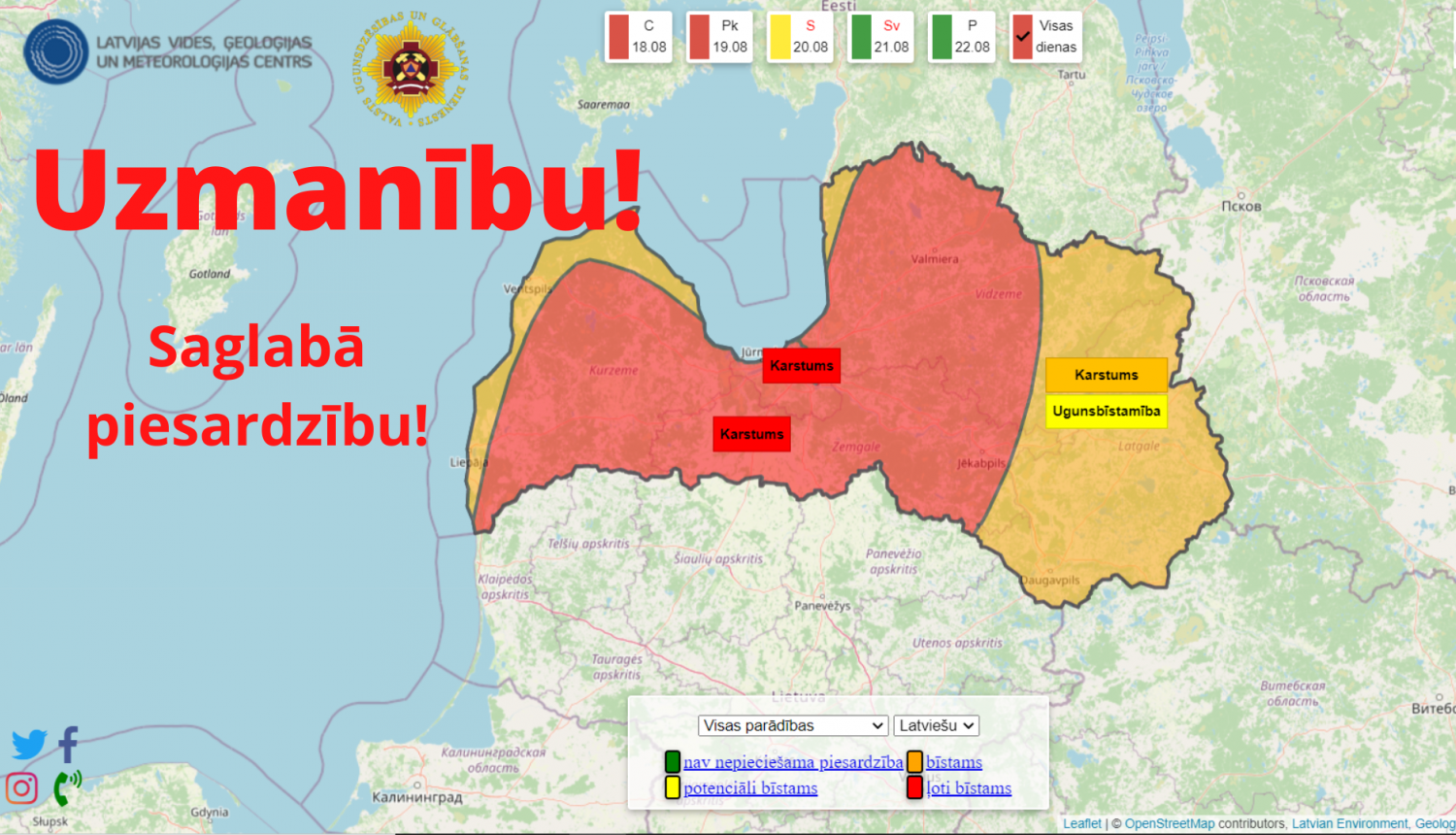 Latvijas karte, kura lielākoties iekrāsota sarkanā krāsā brīdinot par paaugstinātu karstumu, ugunsbīstamību.