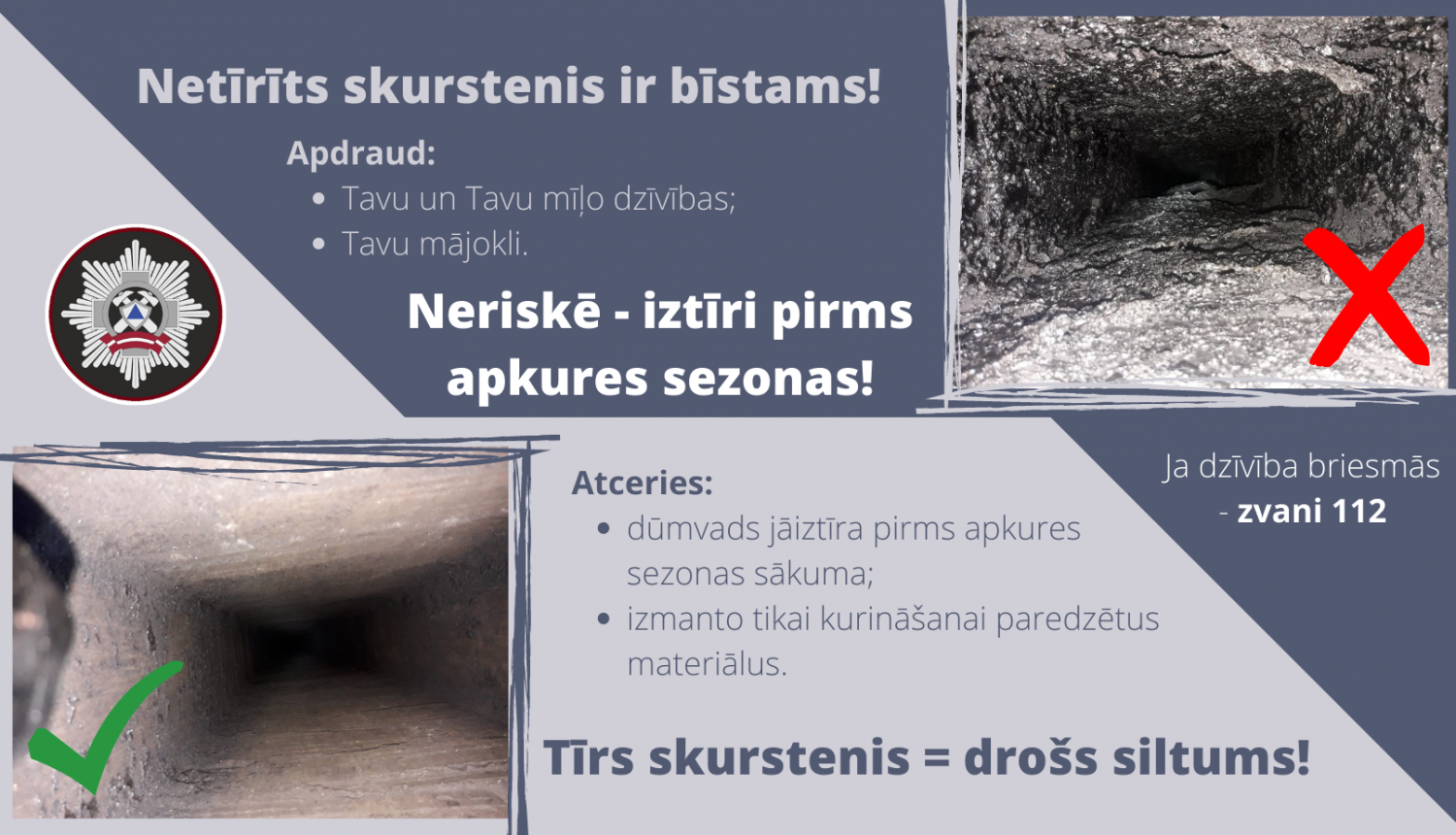 Ilustratīvs materiāls, kurā parādīts kāds izskatās tīrīts, bet kāds - netīrīts skurstenis.